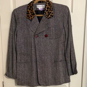 Christian Dior Gray 100% Silk Tweed Herringbone Blazer with Leopard Collar